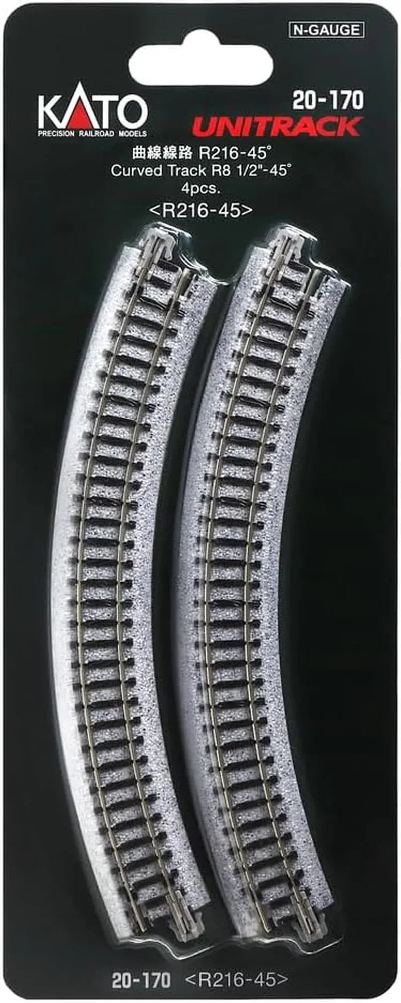 Kato USA 20-170 N Unitrack 8.5-inch radius 45-degree curve track set with four pieces for model train layouts.