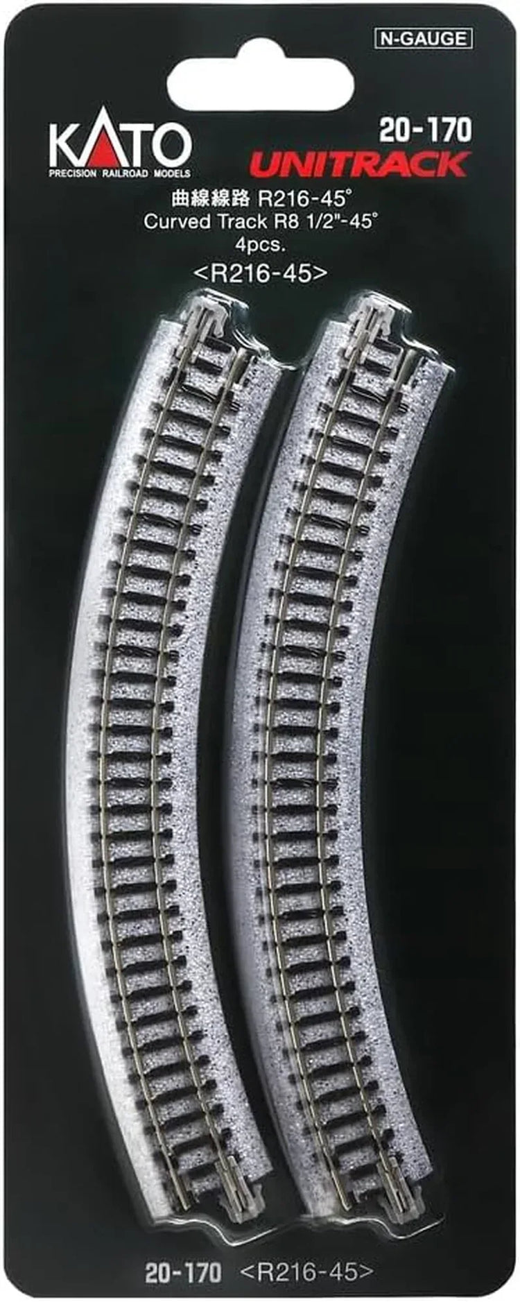 Kato USA 20-170 N Unitrack 8.5-inch radius 45-degree curve track set with four pieces for model train layouts.