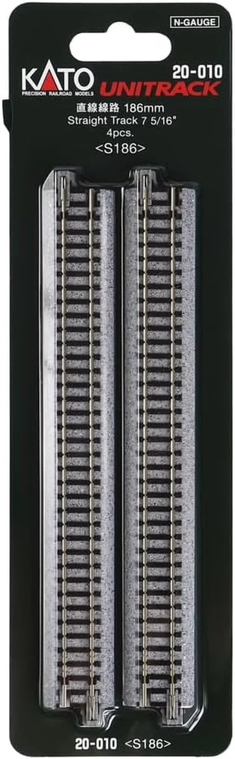 Set of four Kato USA N Scale Unitrack 7.5-inch straight model train tracks on a flat surface.