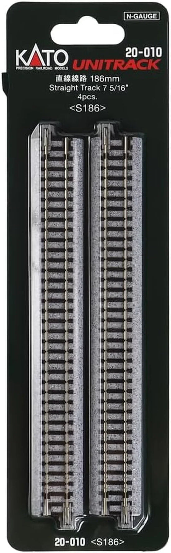 Set of four Kato USA N Scale Unitrack 7.5-inch straight model train tracks on a flat surface.