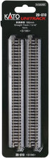 Set of four Kato USA N Scale Unitrack 7.5-inch straight model train tracks on a flat surface.