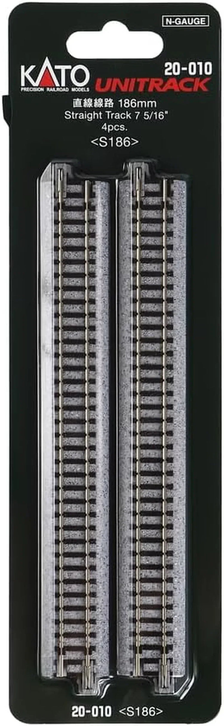 Set of four Kato USA N Scale Unitrack 7.5-inch straight model train tracks on a flat surface.