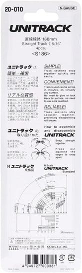 Kato USA N Scale Unitrack 7.5-inch straight train track set with four pieces, ideal for model railroads and train layouts.