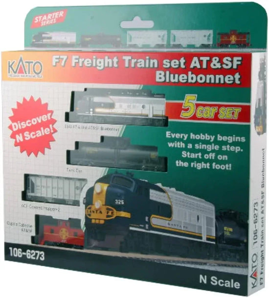 Kato USA Inc. N F7 Freight Train Set featuring AT&SF Bluebonnet colors, ready to roll with DCC for model train enthusiasts.