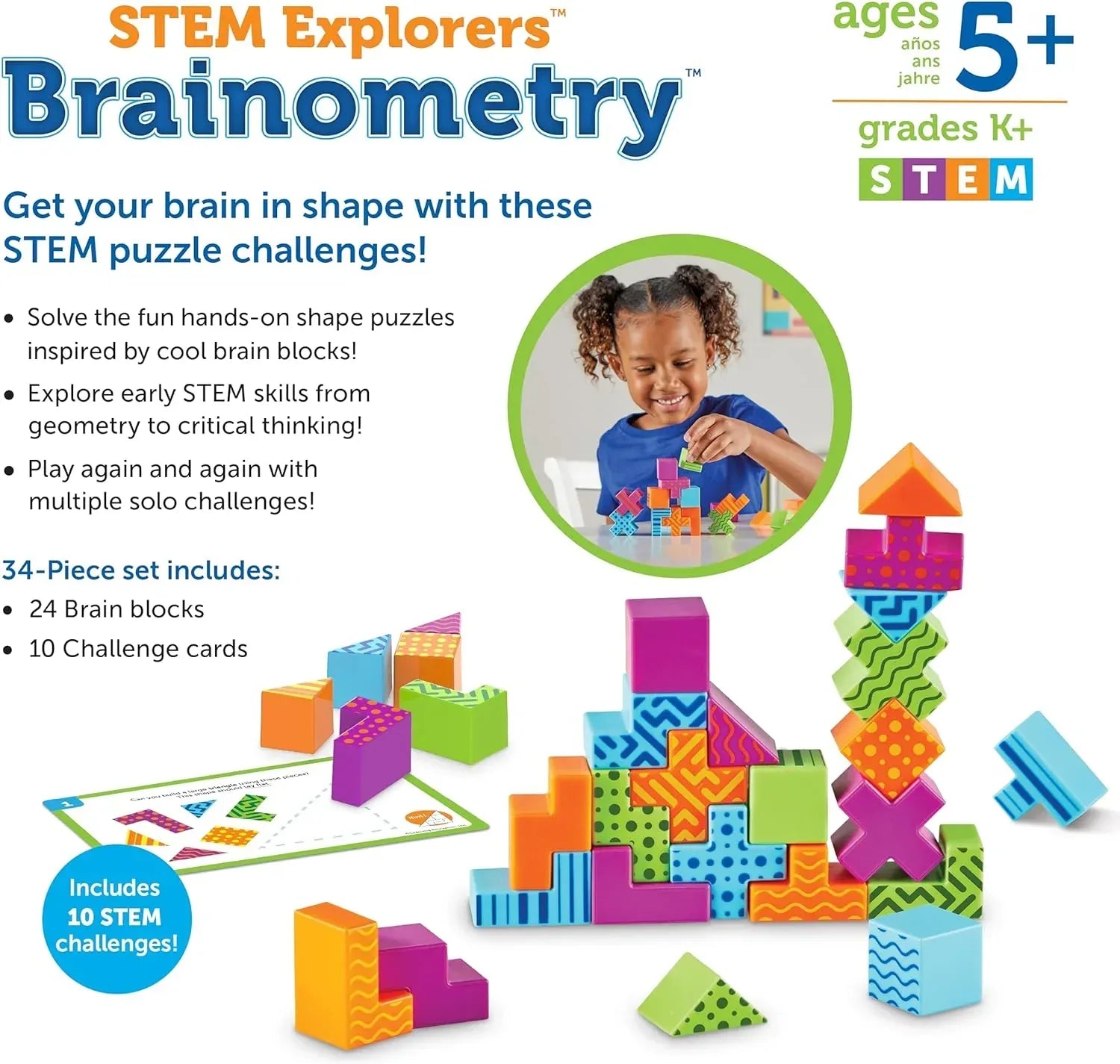 Learning Resources STEM Explorers Brainometric 3D puzzle showing colorful brain-shaped pieces for developing motor skills and reasoning in children.