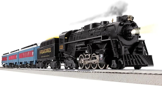 Lionel Polar Express 20th Anniversary electric O gauge train set with remote control and Bluetooth 5.0, featuring detailed train cars and track.