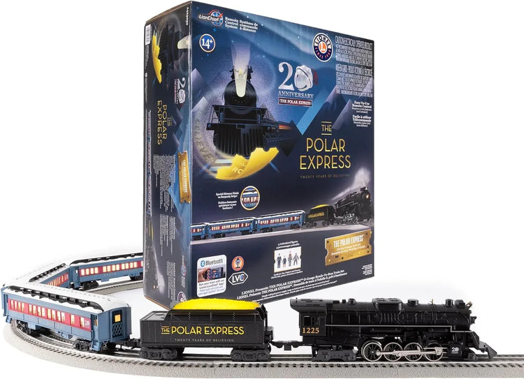 Lionel Polar Express 20th Anniversary electric O gauge train set with Bluetooth 5.0 and remote control, featuring detailed train cars