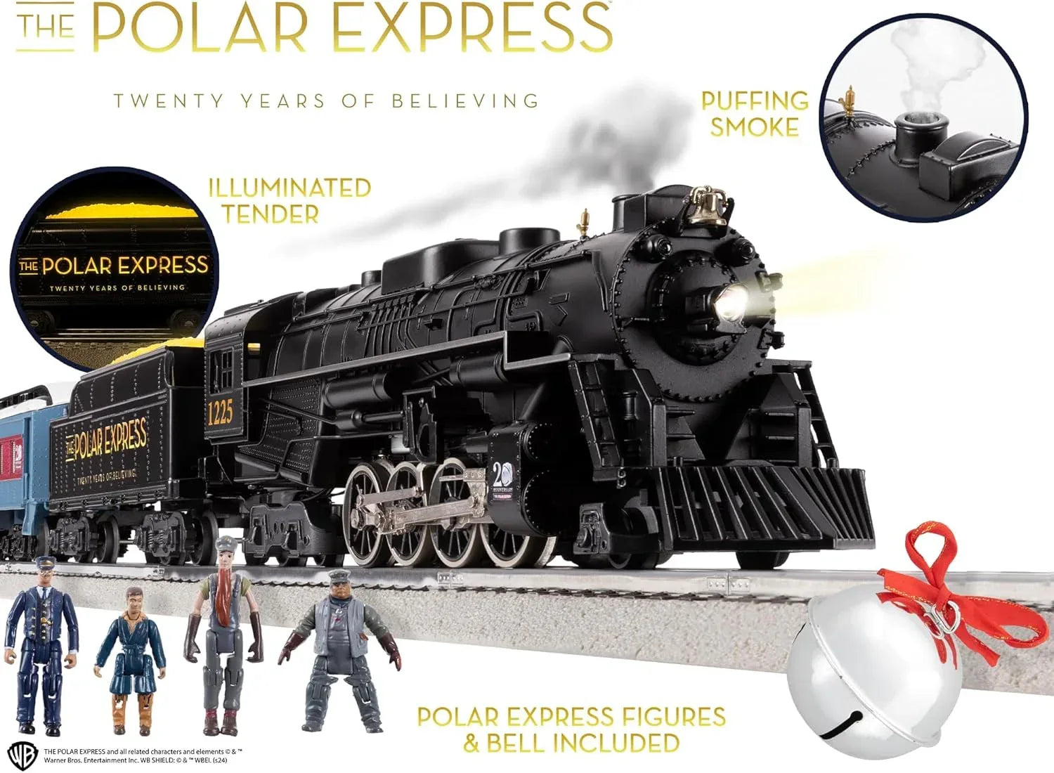 Lionel Polar Express 20th Anniversary electric O gauge train set with Bluetooth 5.0 and remote control, featuring detailed train cars.