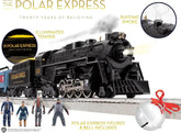 Lionel Polar Express 20th Anniversary electric O gauge train set with Bluetooth 5.0 and remote control, featuring detailed train cars.