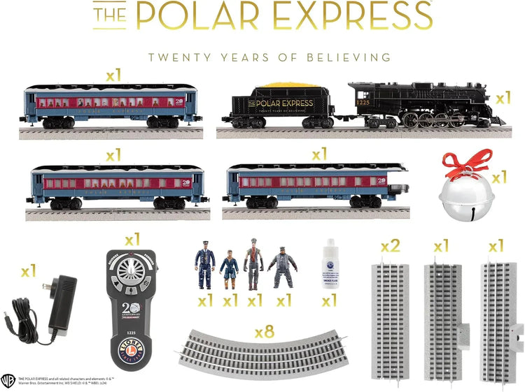 Lionel Polar Express 20th Anniversary O Gauge electric train set with remote control and Bluetooth 5.0 technology.