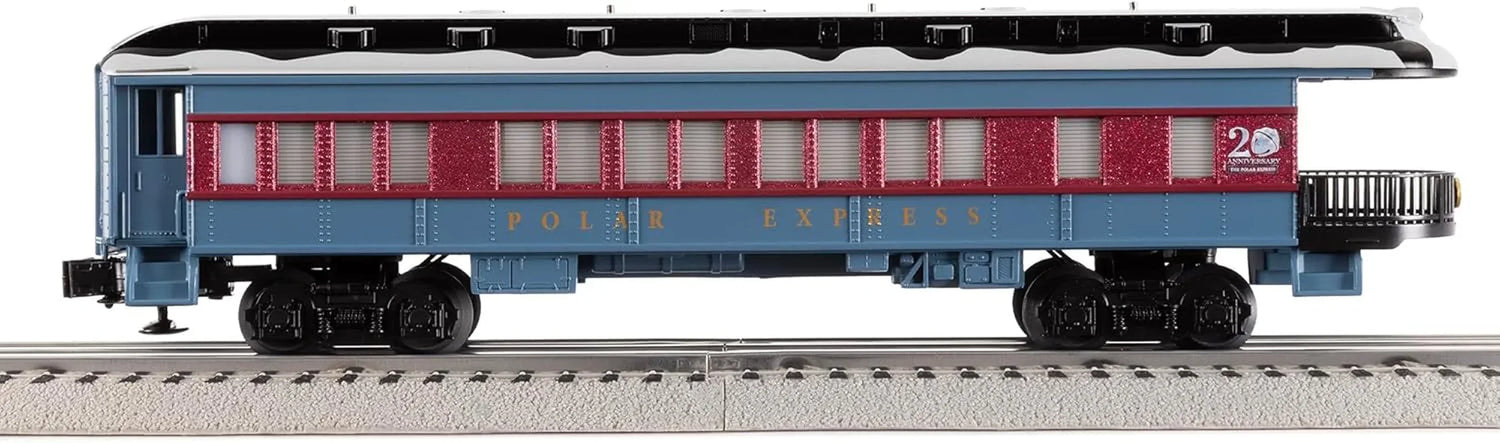 Lionel Polar Express 20th Anniversary electric O gauge train set with remote control and Bluetooth 5.0 features a detailed train and scenic track.