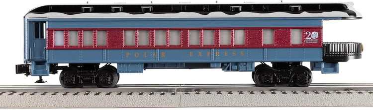 Lionel Polar Express 20th Anniversary electric O gauge train set with remote control and Bluetooth 5.0 features a detailed train and scenic track.