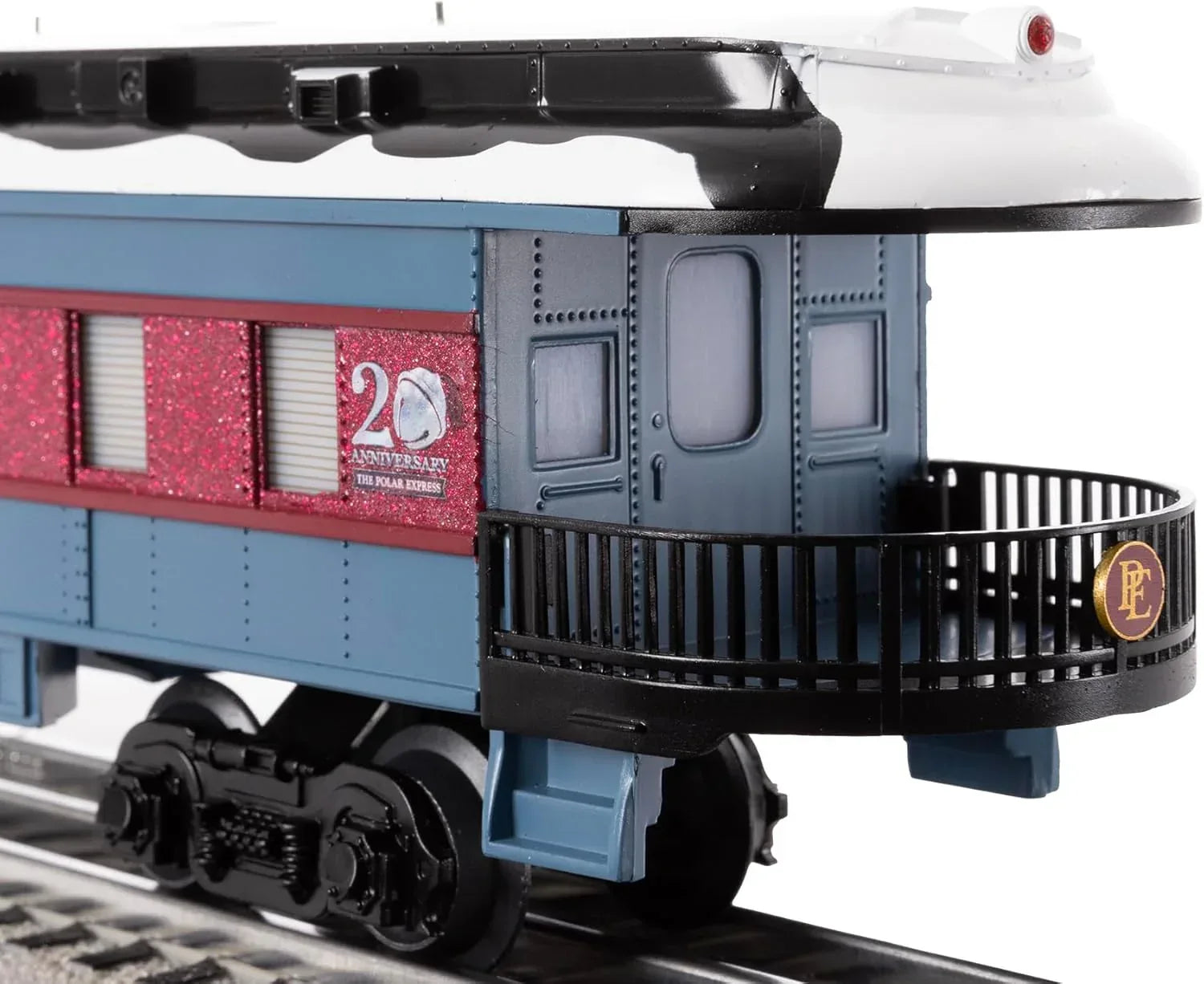Lionel Polar Express 20th Anniversary electric O gauge train set with remote control and Bluetooth 5.0, featuring detailed train cars.