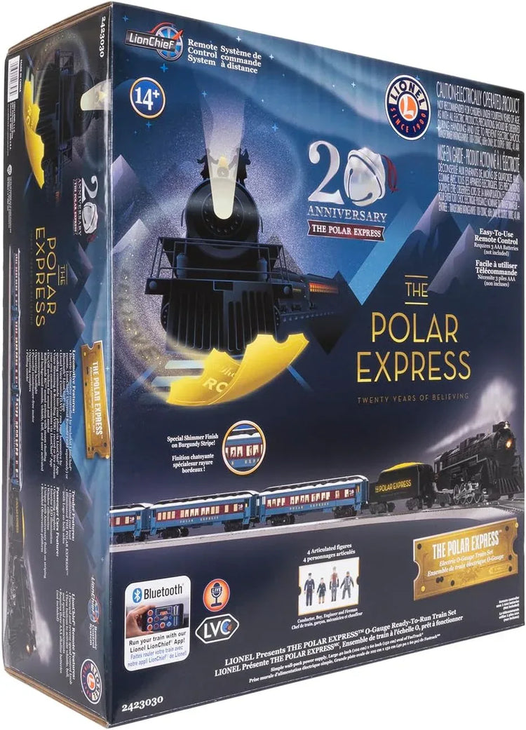 Lionel Polar Express 20th Anniversary O Gauge Electric Train Set with Bluetooth 5.0 and remote control, detailed train images.