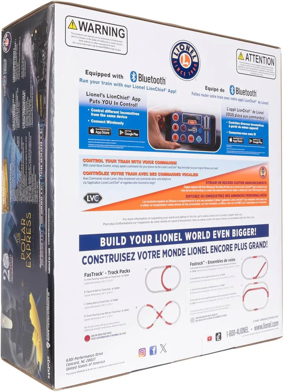 Lionel Polar Express 20th Anniversary O Gauge electric train set with remote control and Bluetooth 5.0 technology.