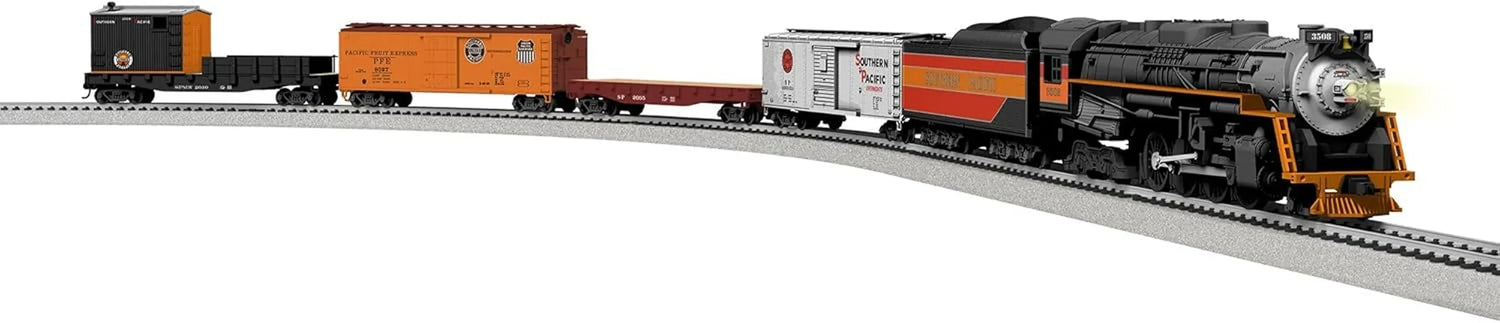 Lionel Southern Pacific Berkshire electric HO gauge freight train set with remote control and detailed locomotive and freight cars.