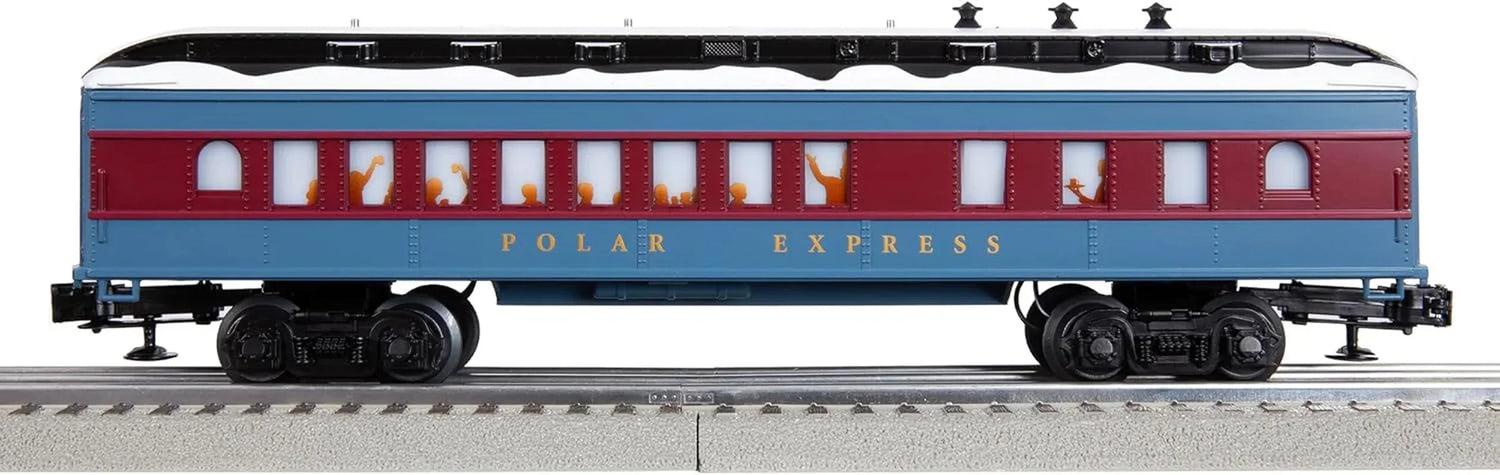 Lionel Polar Express O Gauge Diner Car with detailed holiday-themed design, featuring realistic windows and festive decorations.