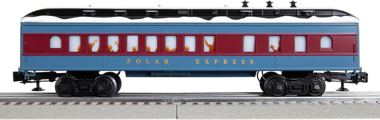 Lionel Polar Express O Gauge Diner Car with detailed holiday-themed design, featuring realistic windows and festive decorations.