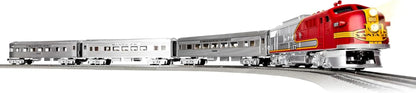 Lionel Santa Fe Super Chief O Gauge electric train set with Bluetooth remote control, featuring a detailed locomotive and cars.