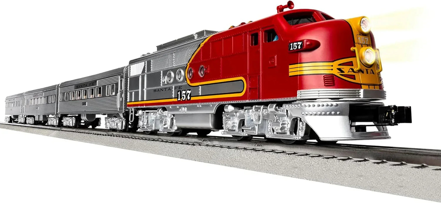 Lionel Santa Fe Super Chief O Gauge electric train set with Bluetooth remote control, featuring detailed train cars and tracks.