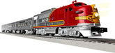 Lionel Santa Fe Super Chief O Gauge electric train set with Bluetooth remote control, featuring detailed train cars and tracks.