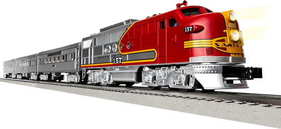 Lionel Santa Fe Super Chief O Gauge electric train set with Bluetooth remote control, featuring detailed train cars and tracks.