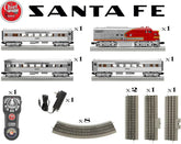 Lionel Santa Fe Super Chief O Gauge electric train set with Bluetooth remote control and detailed train cars.