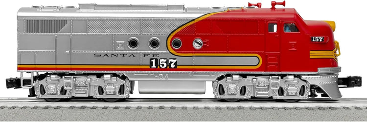 Lionel Santa Fe Super Chief O Gauge Electric Train Set with Bluetooth remote control, featuring detailed train cars and control handset.