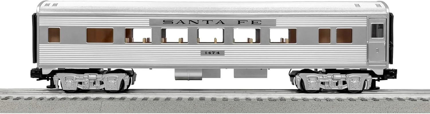 Lionel Santa Fe Super Chief O Gauge electric train set with Bluetooth remote control and traditional train cars.
