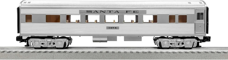Lionel Santa Fe Super Chief O Gauge electric train set with Bluetooth remote control and traditional train cars.