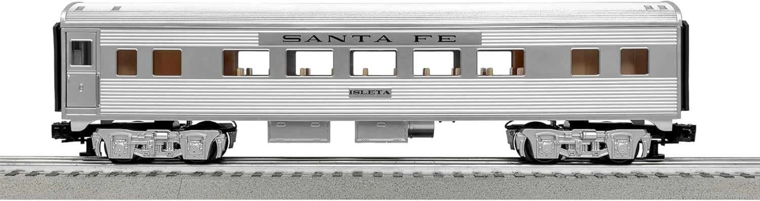 Lionel Santa Fe Super Chief O gauge electric train set with Bluetooth remote control, featuring detailed train cars and tracks.