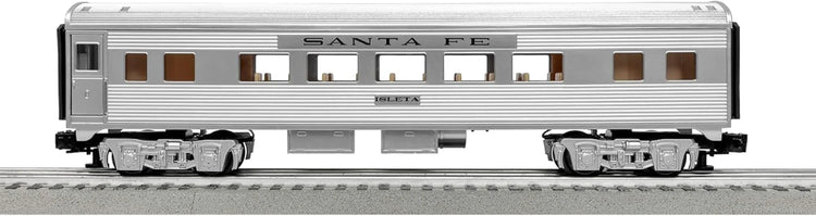 Lionel Santa Fe Super Chief O gauge electric train set with Bluetooth remote control, featuring detailed train cars and tracks.