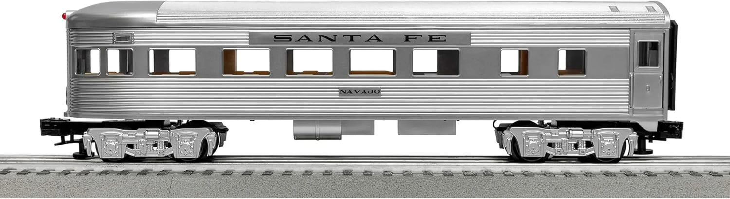 Lionel Santa Fe Super Chief O gauge electric train set with Bluetooth remote control and detailed train cars.