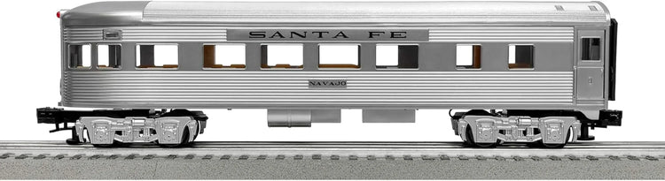 Lionel Santa Fe Super Chief O gauge electric train set with Bluetooth remote control and detailed train cars.