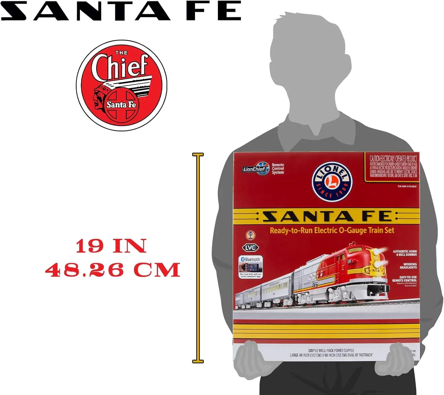 Lionel Santa Fe Super Chief O Gauge electric train set with Bluetooth remote control, featuring detailed train cars and track.