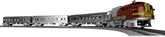 Lionel Santa Fe Super Chief O gauge electric train set with Bluetooth remote control, featuring detailed train cars and track layout.