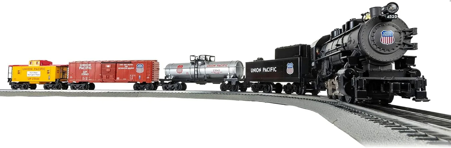 Lionel Union Pacific Flyer LionChief 5.0 electric O gauge train set with locomotive and cars on track.