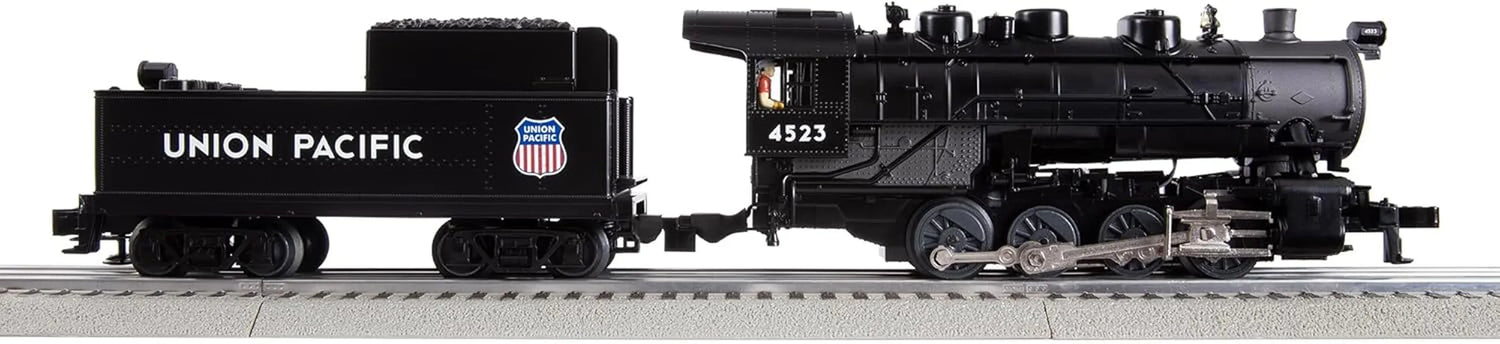 Lionel Union Pacific Flyer LionChief 5.0 electric O gauge train set with locomotive and cars on model track.