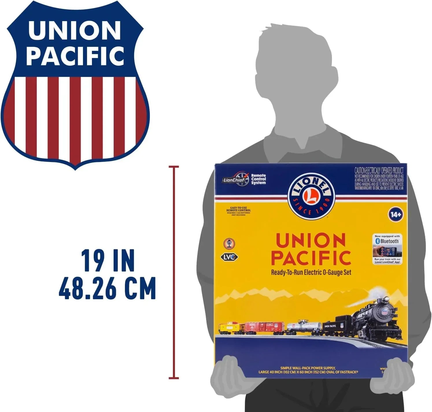 Lionel Union Pacific Flyer LionChief 5.0 electric O gauge train set with locomotive and cars on tracks, detailed model and branding visible.