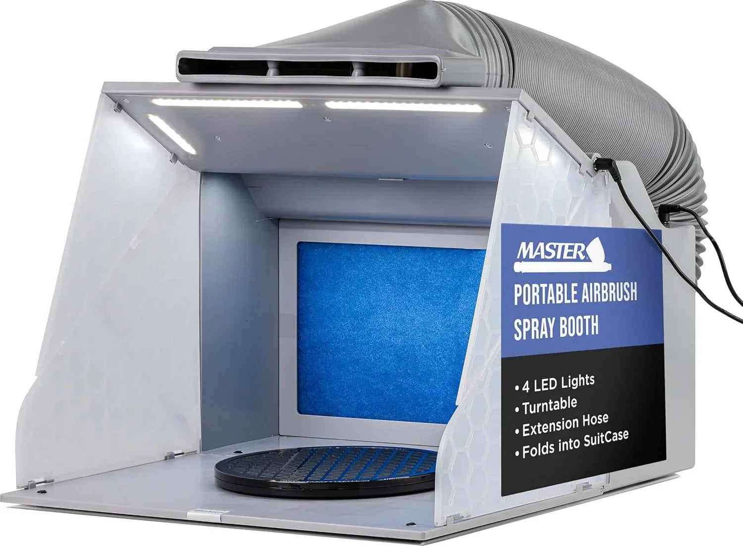 Gray Master Airbrush portable spray booth kit with dual exhaust fans, LED light, turntable, and extension hose for painting and arts.