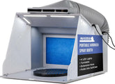 Gray Master Airbrush portable spray booth kit with dual exhaust fans, LED light, turntable, and extension hose for painting and arts.