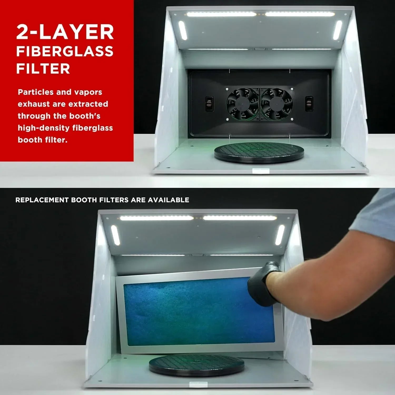 Gray Master Airbrush portable spray booth kit with dual exhaust fans, LED lighting, turntable, and extension hose for art and cake decorating.