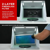 Gray Master Airbrush portable spray booth kit with dual exhaust fans, LED lighting, turntable, and extension hose for art and cake decorating.