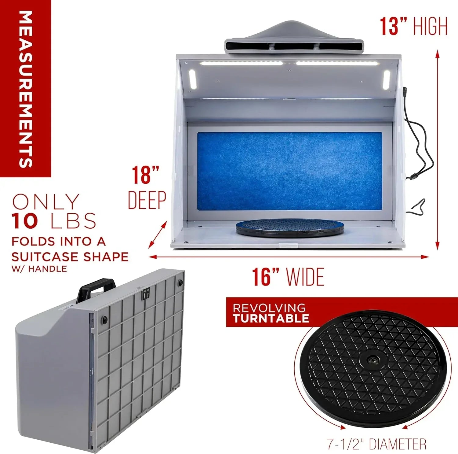 Master Airbrush portable spray booth kit with dual exhaust fans, LED lighting, turntable, and extension hose for painting and crafts.