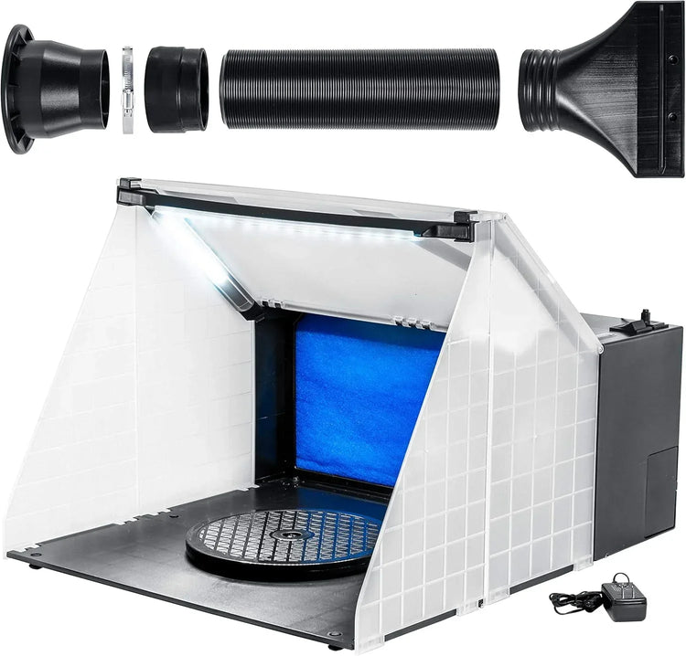 Master Airbrush portable spray booth kit with dual exhaust fans, LED lights, turntable, and extension hose for painting and crafts.