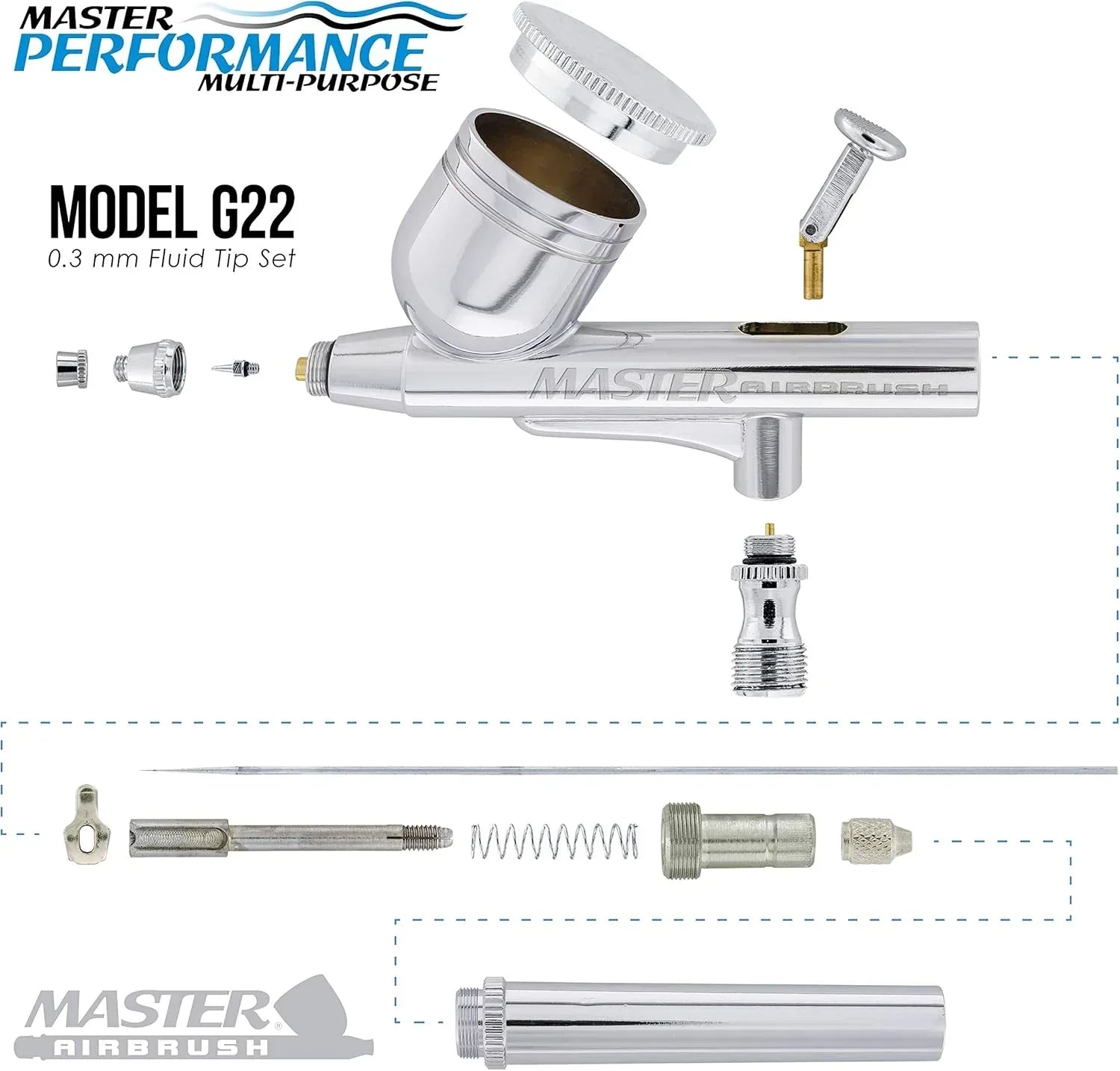 Master Airbrush G22 airbrush kit with compressor, dual-action gravity feed, 0.3mm tip, fluid cup, hose, and 1/5hp compressor.