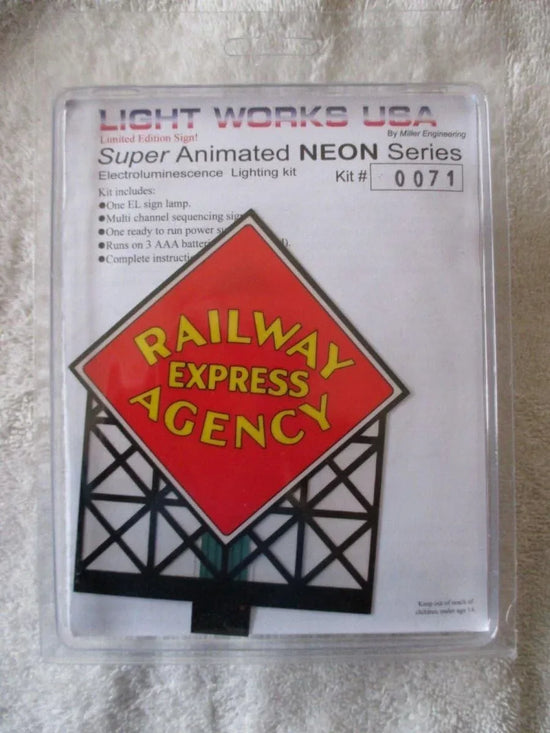 Large Model REA Railway Express animated and lighted billboard by Miller Engineering, detailed miniature railway advertising sign