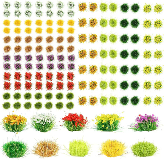 Miniature World Model 140-piece colorful flower cluster set with self-adhesive vegetation for train landscape scenery.