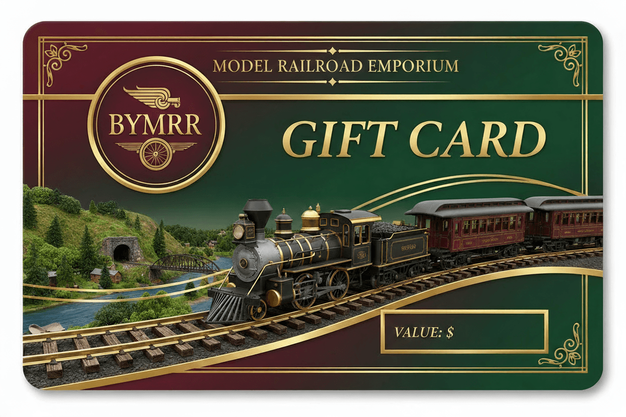 Model Railroad Gift Card using the BYMRR logo, same as this image only with railroad spelled correctly