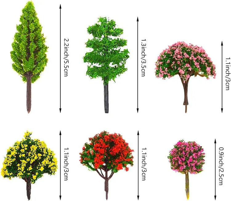 Assorted miniature artificial trees for model train scenery and diorama, featuring 70 small trees in various styles by MOMOONNON.
